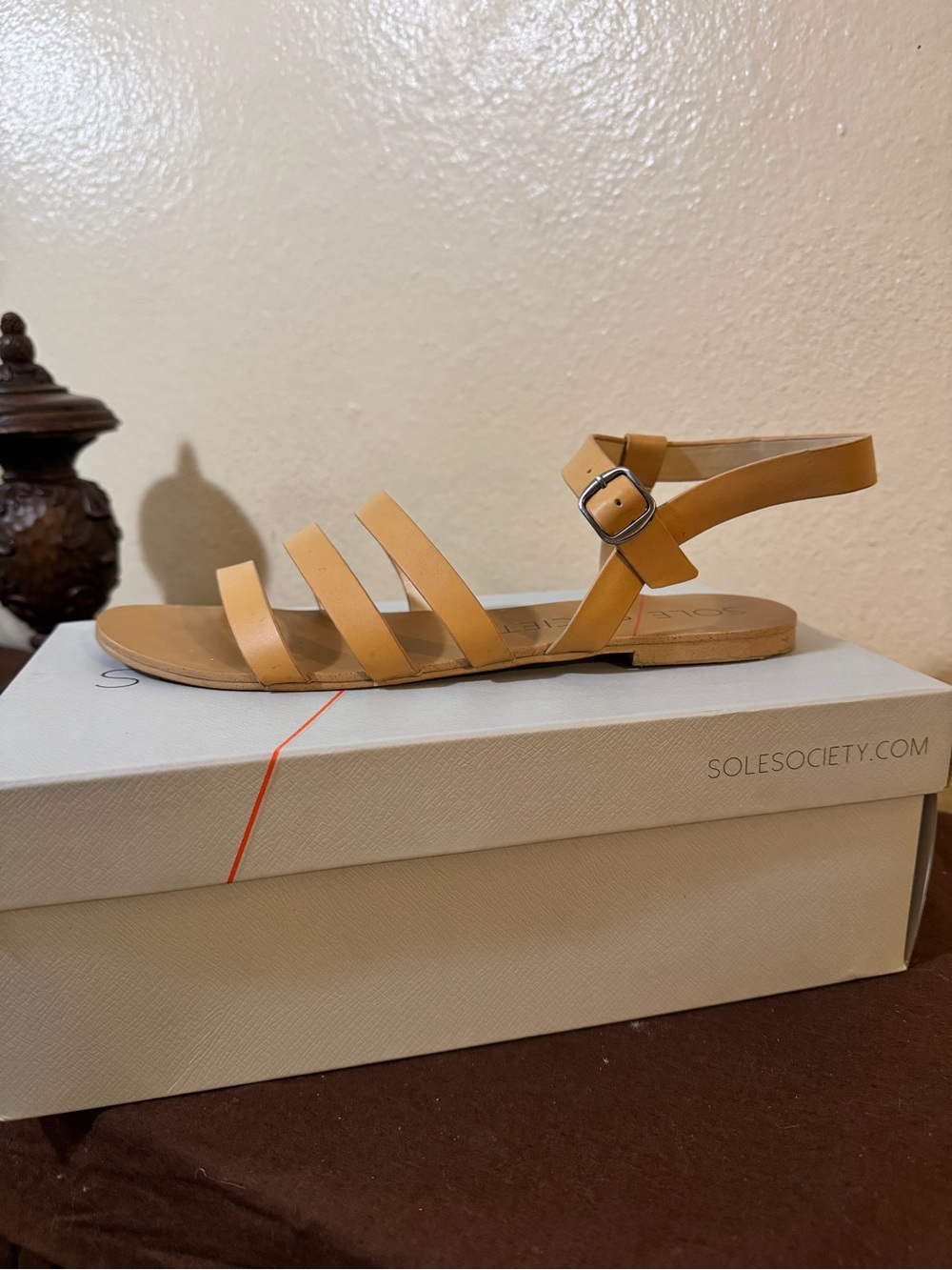 Sole Society Mustard-Tan Strappy Ankle Buckle Sandals